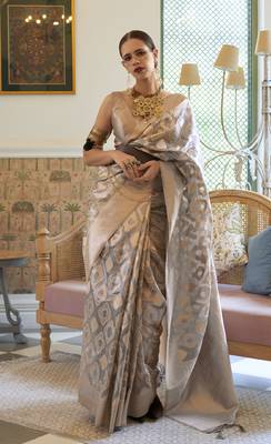 grey woven silk blend blend saree with blouse 1