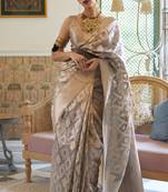 Grey Woven Silk Blend Saree With Blouse