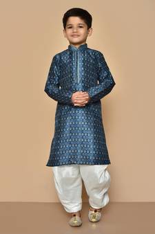 Blue printed art silk boys-dhoti-kurta