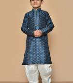 Blue printed art silk boys-dhoti-kurta