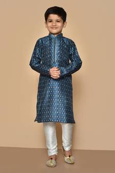 Blue printed art silk boys-kurta-pyjama
