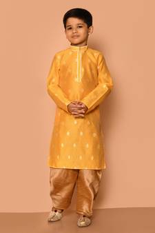 Yellow printed art silk boys-dhoti-kurta
