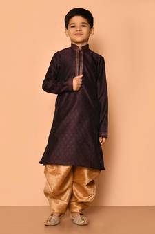 Brown plain art silk boys-dhoti-kurta