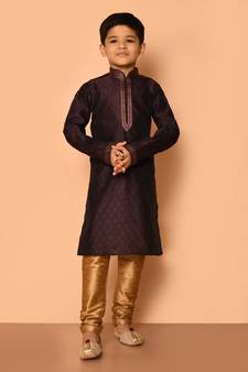Brown plain art silk boys-kurta-pyjama