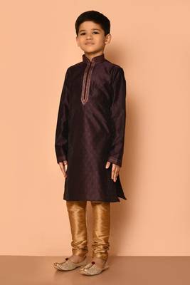 Brown plain art silk boys-kurta-pyjama 4