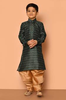 Green printed art silk boys-dhoti-kurta