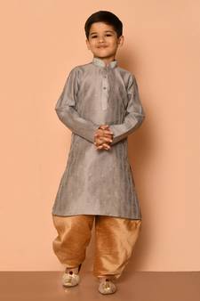 Grey printed art silk boys-kurta-pyjama