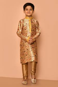 Gold printed art silk boys-kurta-pyjama