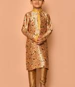 Gold printed art silk boys-kurta-pyjama