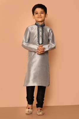 Grey embroidered art silk boys-kurta-pyjama 1