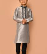 Grey embroidered art silk boys-kurta-pyjama