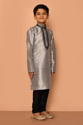 Grey embroidered art silk boys-kurta-pyjama 2