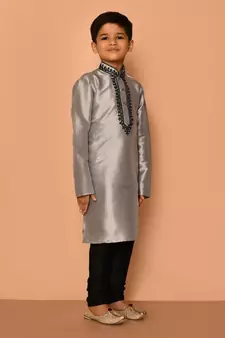 Grey embroidered art silk boys-kurta-pyjama