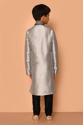 Grey embroidered art silk boys-kurta-pyjama 3