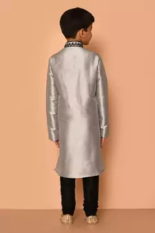 Grey embroidered art silk boys-kurta-pyjama