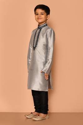 Grey embroidered art silk boys-kurta-pyjama 4
