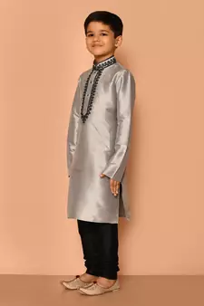 Grey embroidered art silk boys-kurta-pyjama
