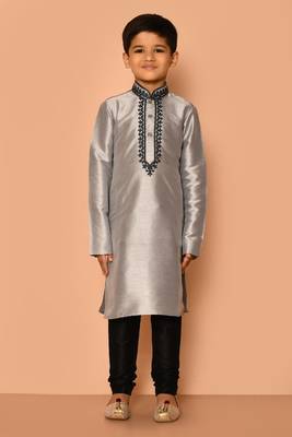 Grey embroidered art silk boys-kurta-pyjama 5