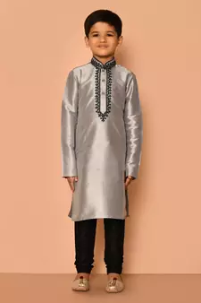 Grey embroidered art silk boys-kurta-pyjama