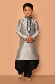 Grey embroidered art silk boys-dhoti-kurta