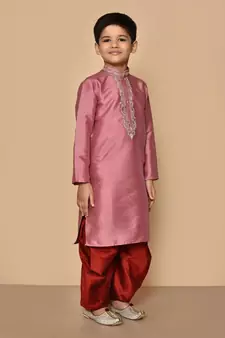 Pink embroidered art silk boys-dhoti-kurta
