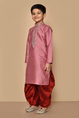 Pink embroidered art silk boys-dhoti-kurta 4