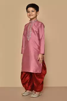 Pink embroidered art silk boys-dhoti-kurta