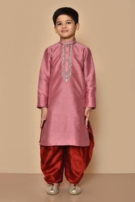 Pink embroidered art silk boys-dhoti-kurta 5