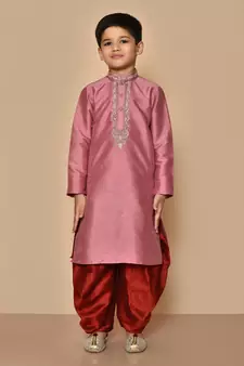Pink embroidered art silk boys-dhoti-kurta
