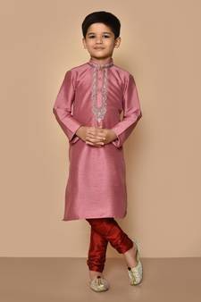 Pink embroidered art silk boys-kurta-pyjama