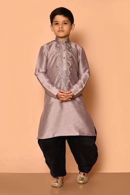 Grey embroidered art silk boys-dhoti-kurta 1