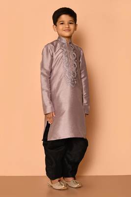 Grey embroidered art silk boys-dhoti-kurta 3