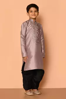 Grey embroidered art silk boys-dhoti-kurta