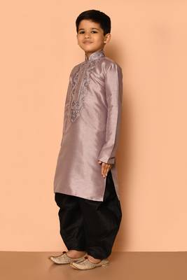 Grey embroidered art silk boys-dhoti-kurta 4