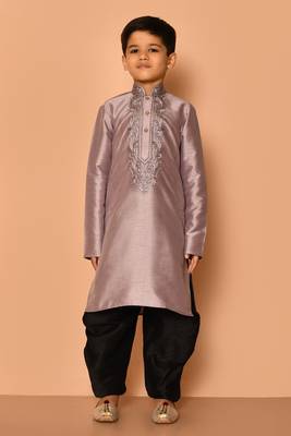 Grey embroidered art silk boys-dhoti-kurta 5