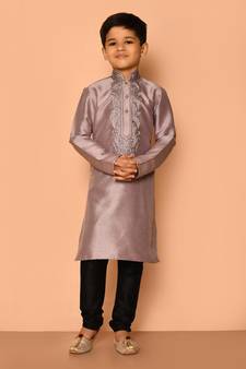 Grey embroidered art silk boys-kurta-pyjama