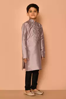 Grey embroidered art silk boys-kurta-pyjama