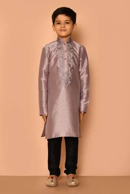 Grey embroidered art silk boys-kurta-pyjama 5
