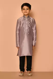 Grey embroidered art silk boys-kurta-pyjama