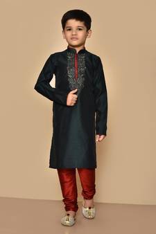 Black embroidered art silk boys-kurta-pyjama