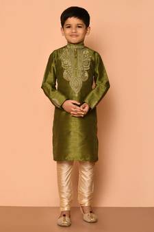 Green embroidered art silk boys-kurta-pyjama