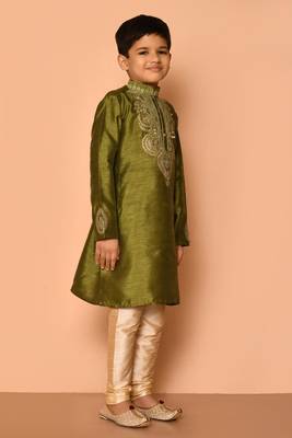 Green embroidered art silk boys-kurta-pyjama 2