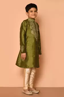 Green embroidered art silk boys-kurta-pyjama