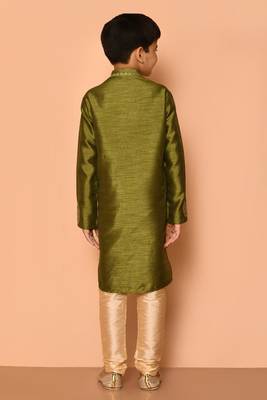 Green embroidered art silk boys-kurta-pyjama 3