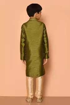Green embroidered art silk boys-kurta-pyjama