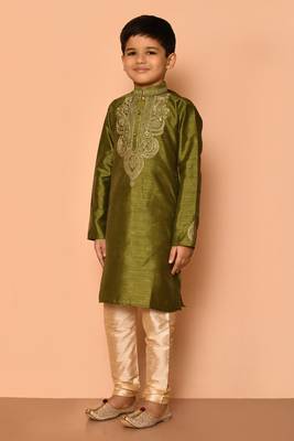 Green embroidered art silk boys-kurta-pyjama 4