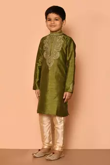 Green embroidered art silk boys-kurta-pyjama