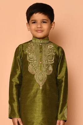 Green embroidered art silk boys-kurta-pyjama 5