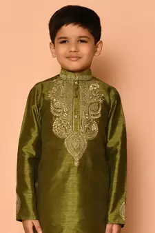 Green embroidered art silk boys-kurta-pyjama