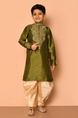 Green embroidered art silk boys-dhoti-kurta 1